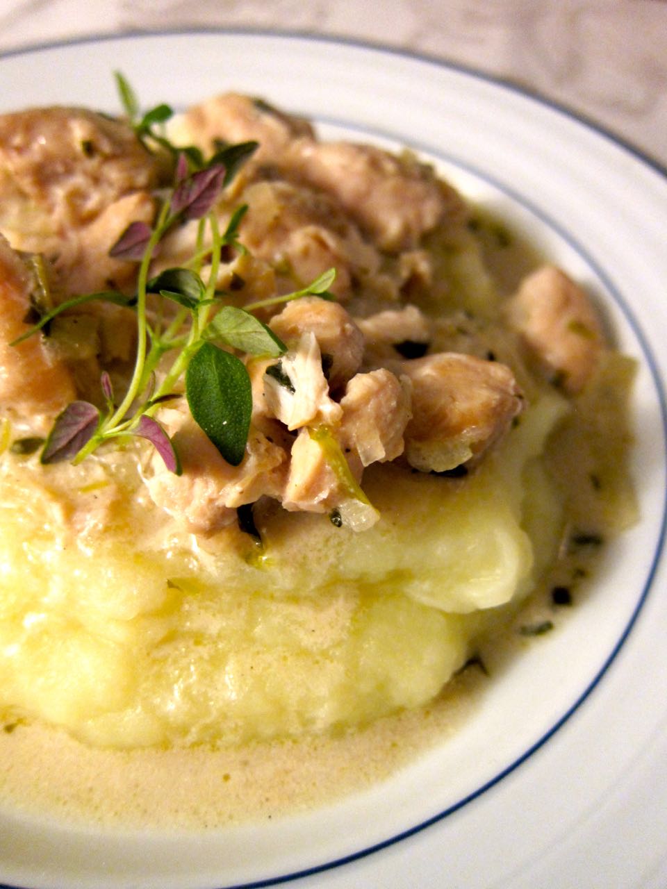 Chicken and cider casserole with apple and mashed potatoes